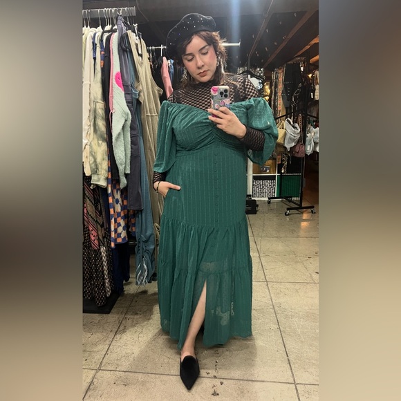 🟠 97B. Swiss Dot Ruched Bodice Open Back Tiered Midi Dress - Green - Picture 2 of 9